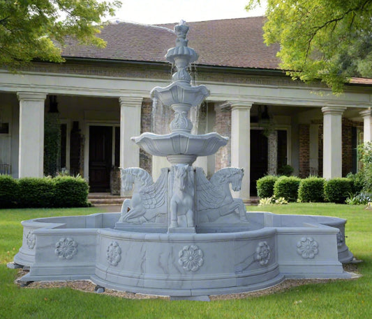 Grand 3-Tier Pegasus Fountain in Hand Carved White Marble