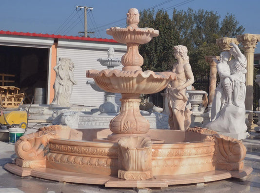 Luxurious Hand-Carved Pink Marble Fountain – Classic Two-Tier Design